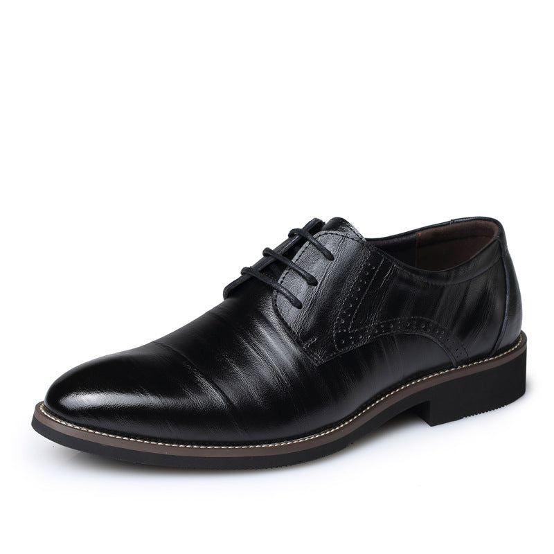 Detailed view of the polished finish on men's lace-up oxford dress shoes, essential for formal business wear.
