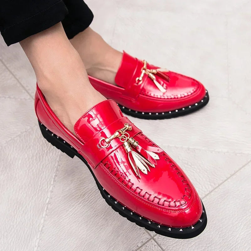Men's polished leather dress loafers, designed for sophisticated style and comfortable formal wear.