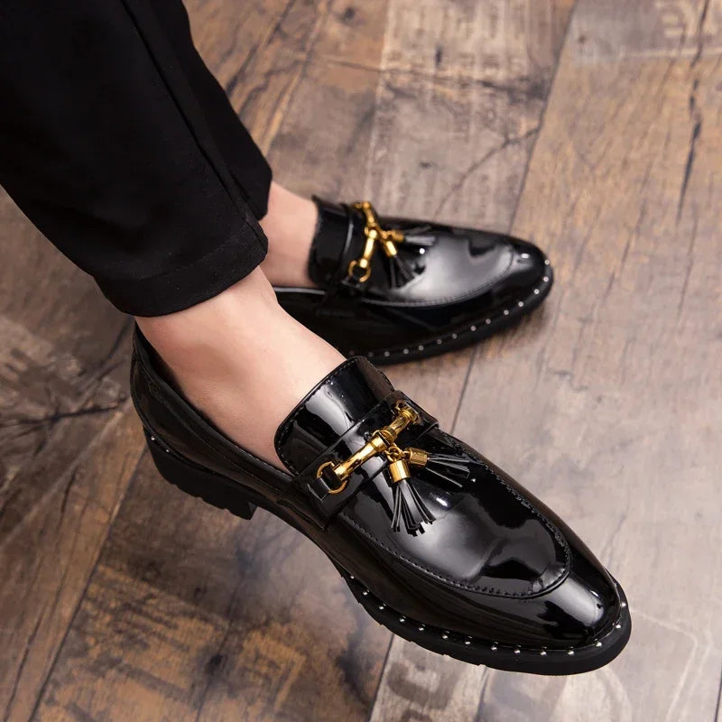 High-shine men's polished loafers, a key piece of dress footwear for a refined, elegant style.