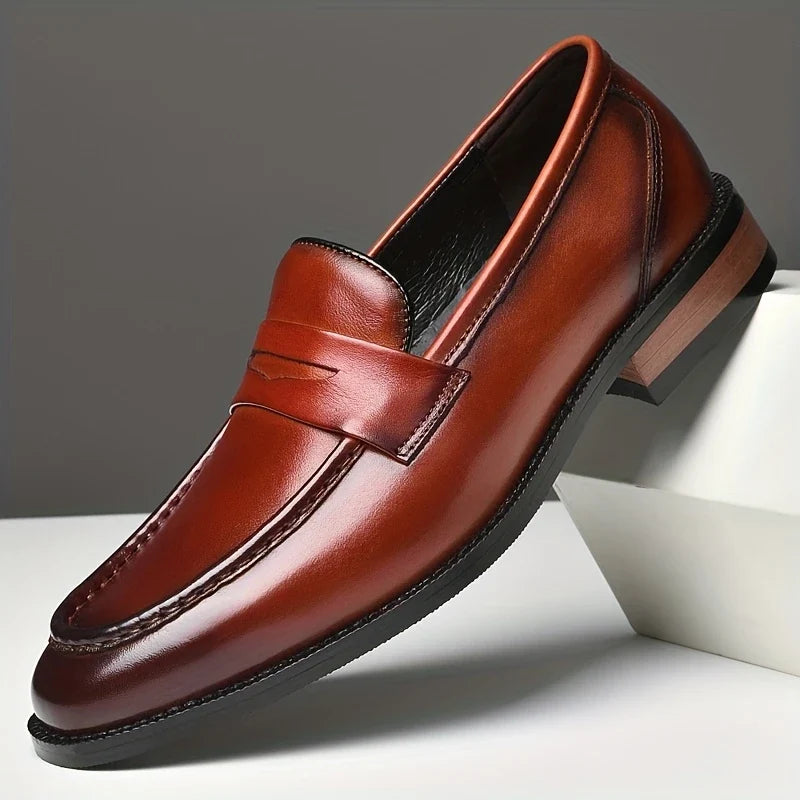 Men's Polished Slip-On Dress Loafers in sleek black, perfect for formal or business casual elegant attire.