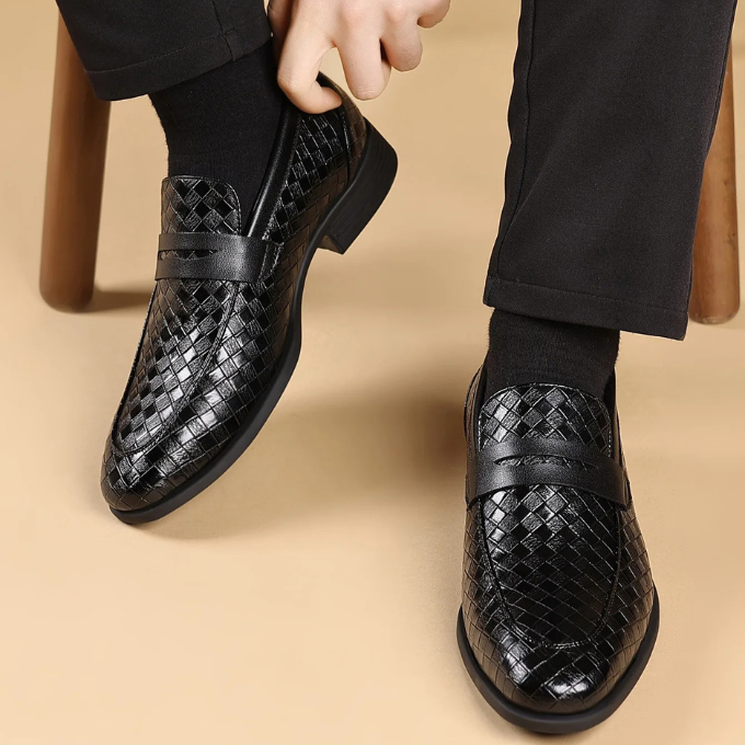 Easy slip-on men's loafers, with a polished finish and woven texture, great for everyday style.