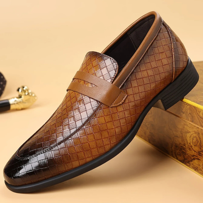 Classic brown polished woven slip-on loafers for versatile men's everyday fashion.