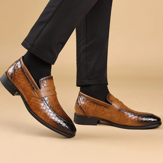Smart casual men's polished woven slip-on loafers, essential everyday footwear.