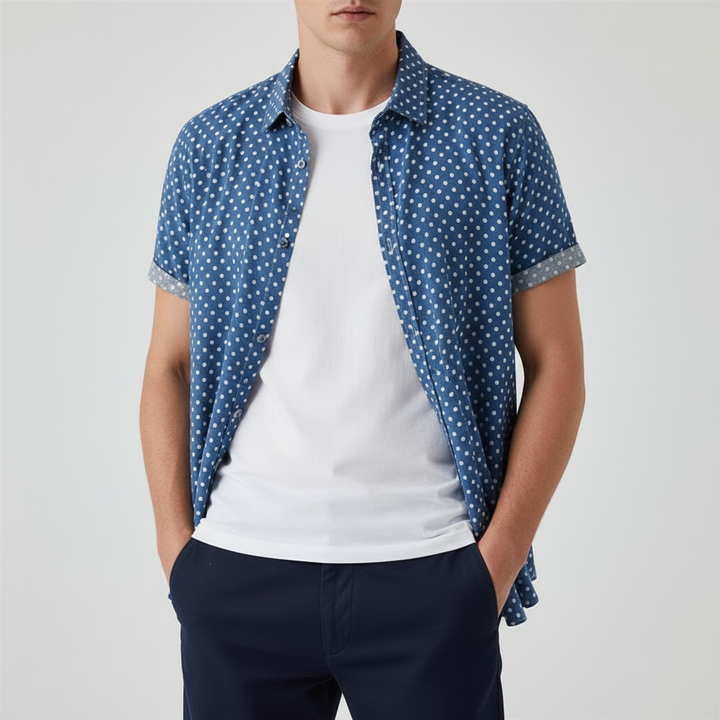 Men's casual short-sleeve polka dot shirt, cabana style. Button-up for relaxed summer fashion.