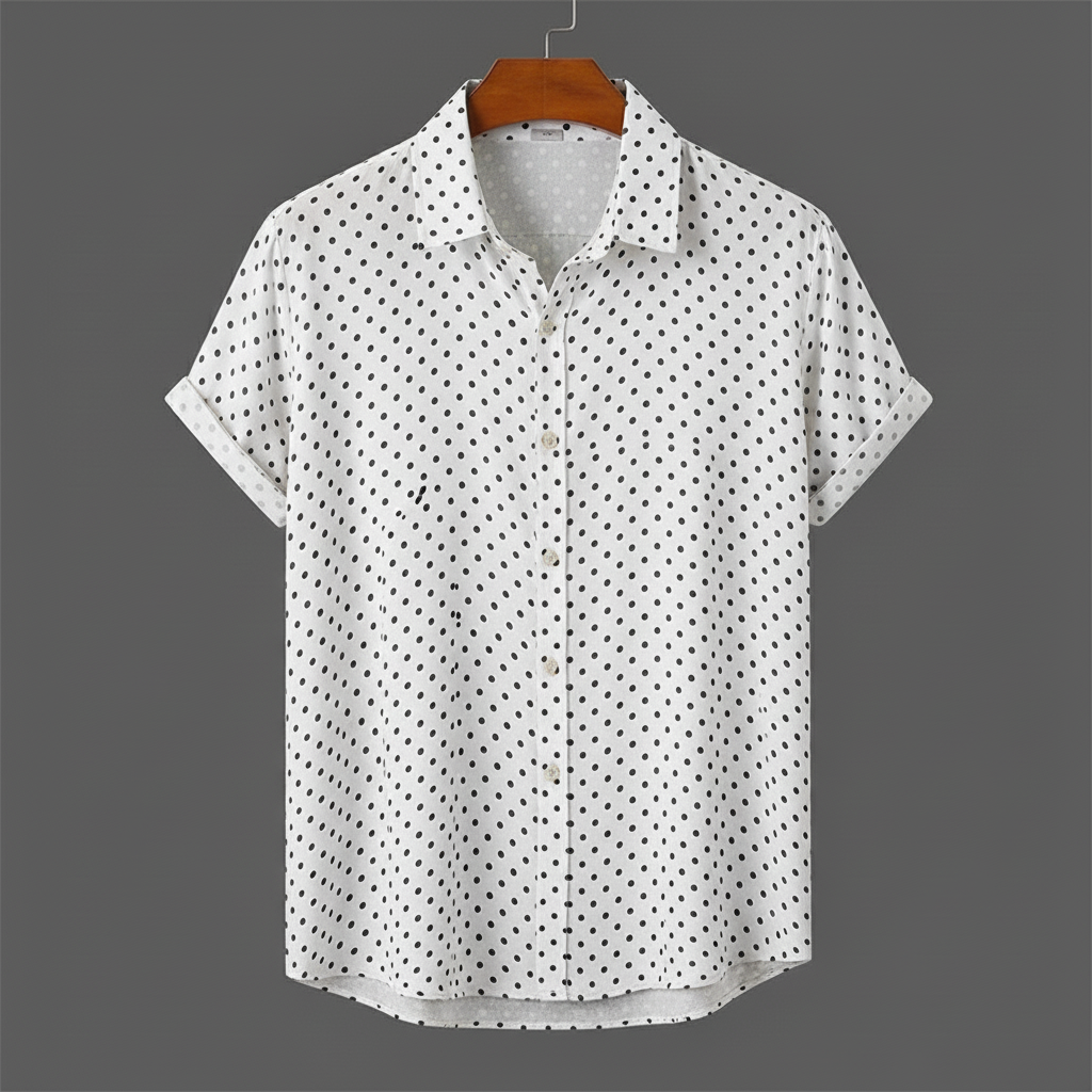Men's polka dot cabana short-sleeve shirt. Perfect for summer fashion, warm weather, and casual outings.