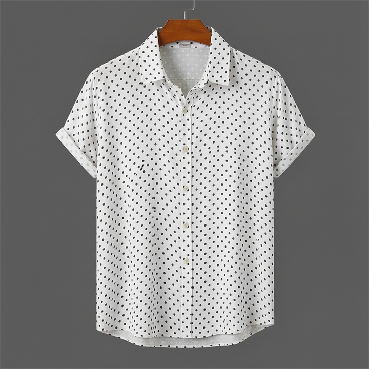 Men's polka dot cabana short-sleeve shirt. Perfect for summer fashion, warm weather, and casual outings.