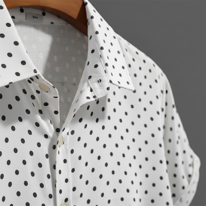 Versatile men's polka dot cabana shirt, short-sleeve. Great for beach, vacation, or warm weather style.