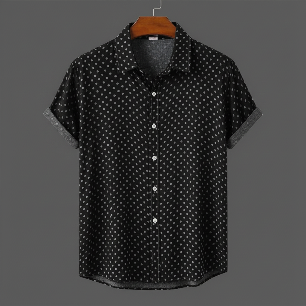 Men's casual short-sleeve cabana shirt with polka dots. Effortless summer fashion for men.