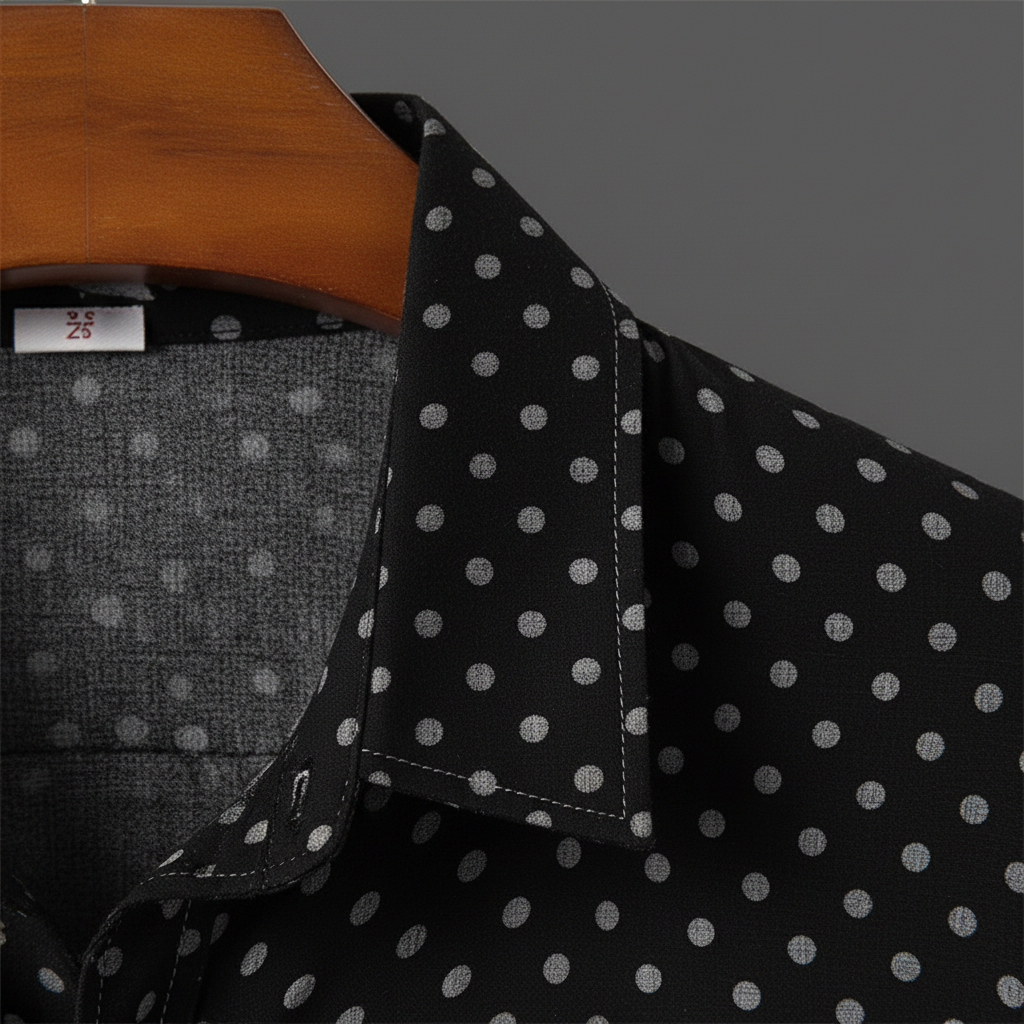 Stylish men's polka dot short-sleeve cabana shirt. Relaxed fit button-up for summer casual wear.