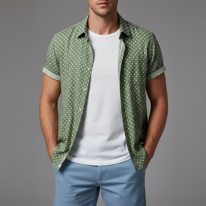 Relaxed fit men's cabana shirt with polka dots. Perfect casual wear for summer vacation or beach days.