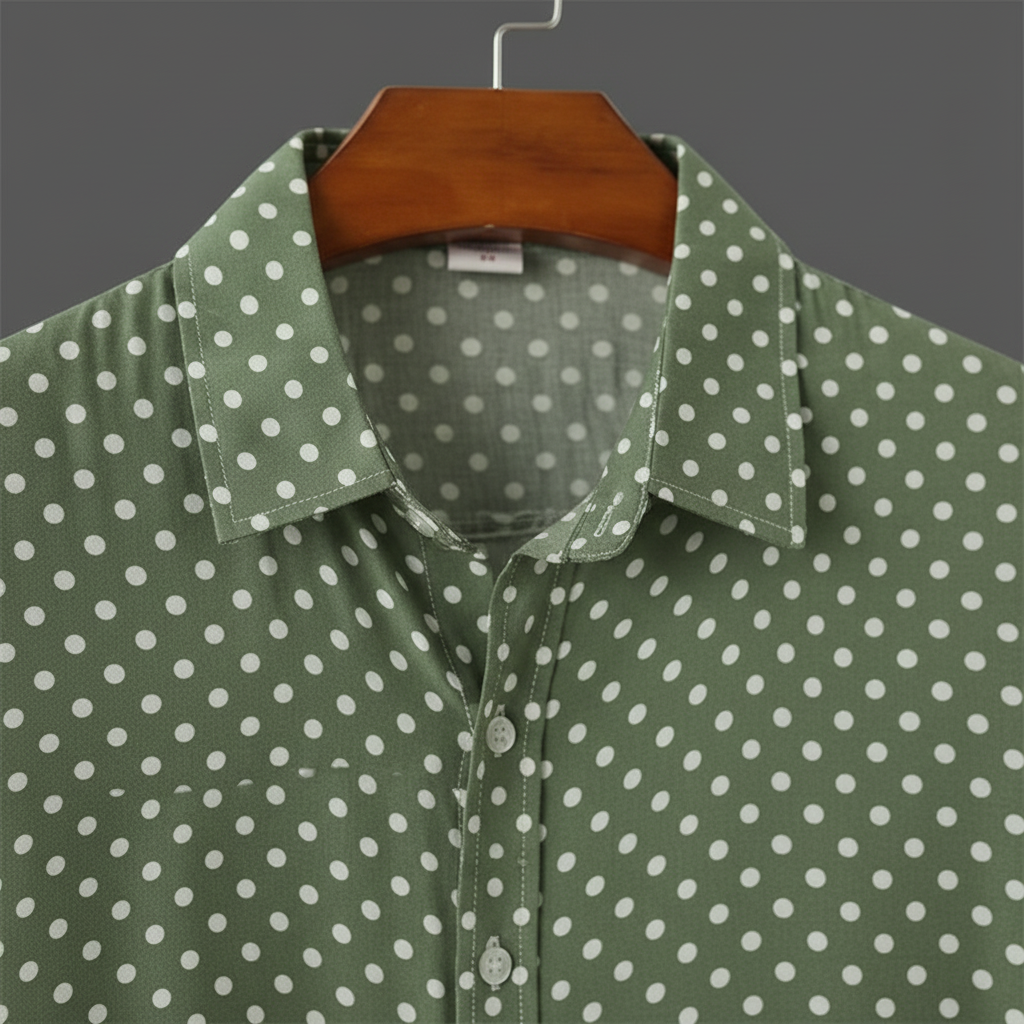 Comfortable men's polka dot short-sleeve cabana shirt. Relaxed fit for effortless summer casual wear.