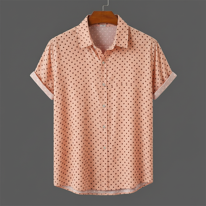 Men's vacation style cabana shirt, polka dot short-sleeve. Effortless beach wear for warm weather.