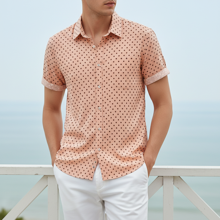 Stylish men's apparel: polka dot cabana shirt, short-sleeve. Great for summer fashion & casual wear.