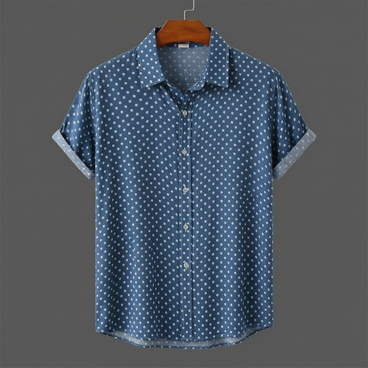 Warm weather men's short-sleeve cabana shirt with polka dots. Perfect for vacation casual style.
