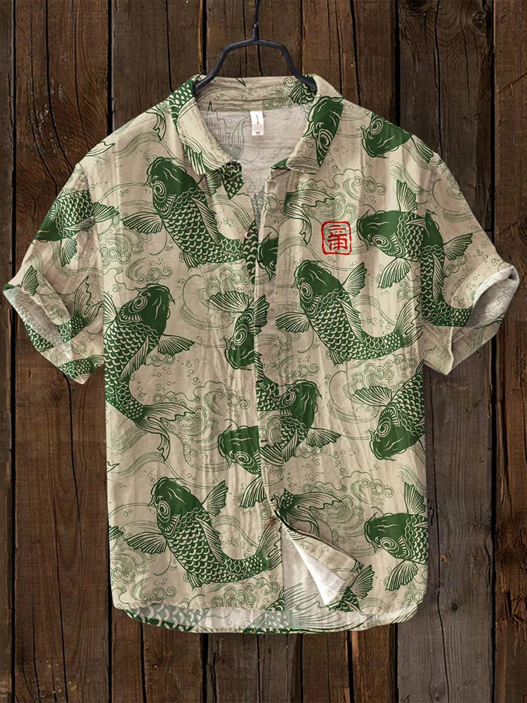 Relaxed fit men's button polo shirt with vibrant artistic print. Perfect for casual summer fashion.