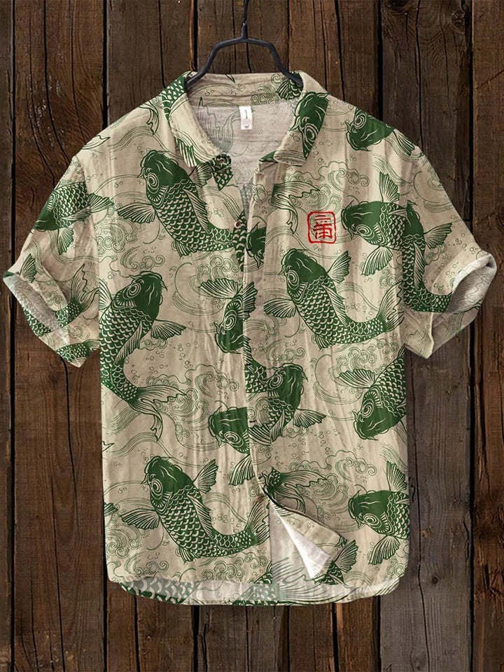 Relaxed fit men's button polo shirt with vibrant artistic print. Perfect for casual summer fashion.