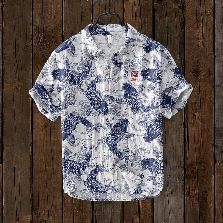 Elegant men's fashion polo with an artistic print design. A versatile, breathable summer top with buttons.