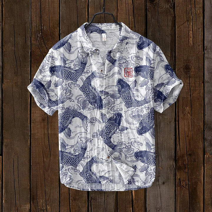 Elegant men's fashion polo with an artistic print design. A versatile, breathable summer top with buttons.