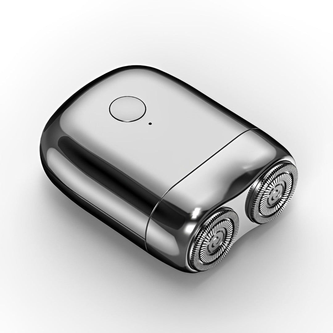 Compact men's travel electric shaver with rotary blades, rechargeable for smooth shaves on the go.