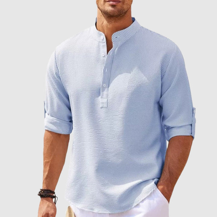Men's Positano relaxed fit Henley shirt, perfect for warm weather and casual summer everyday wear.