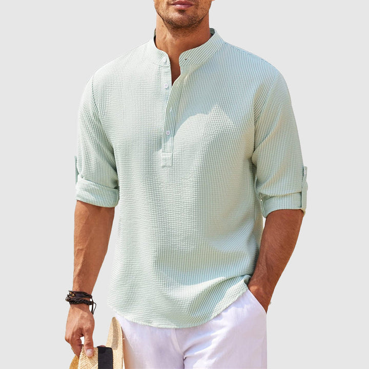 Relaxed fit men's Henley shirt, ideal for warm weather comfort & versatile summer fashion & casual everyday wear.