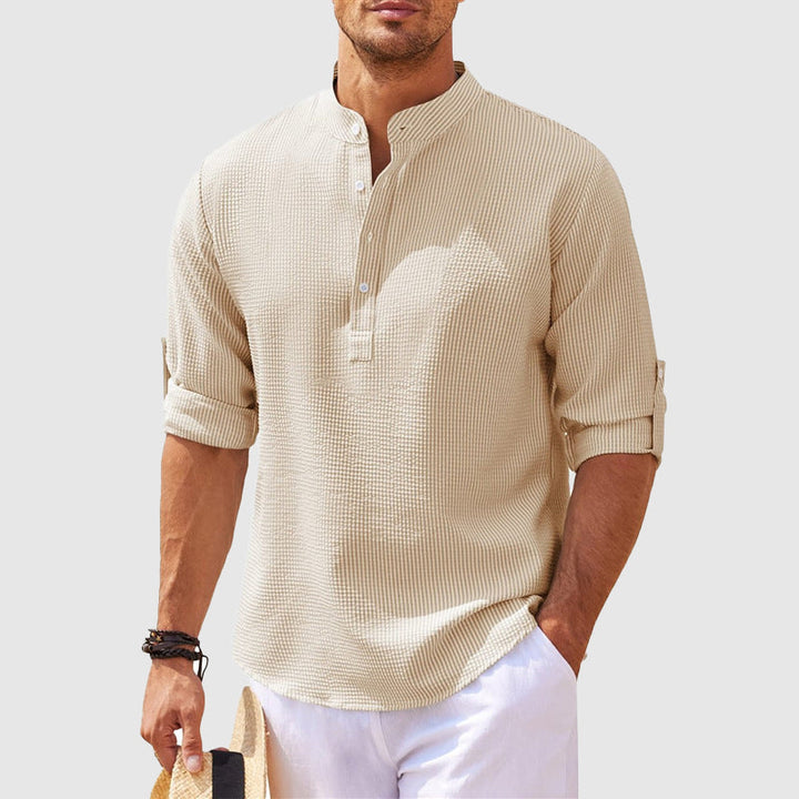 Lightweight men's Positano relaxed fit Henley shirt for warm weather, casual summer fashion & everyday comfort.