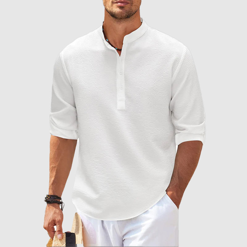 Versatile men's Positano Henley shirt, relaxed fit, perfect for casual summer outfits & warm weather comfort.