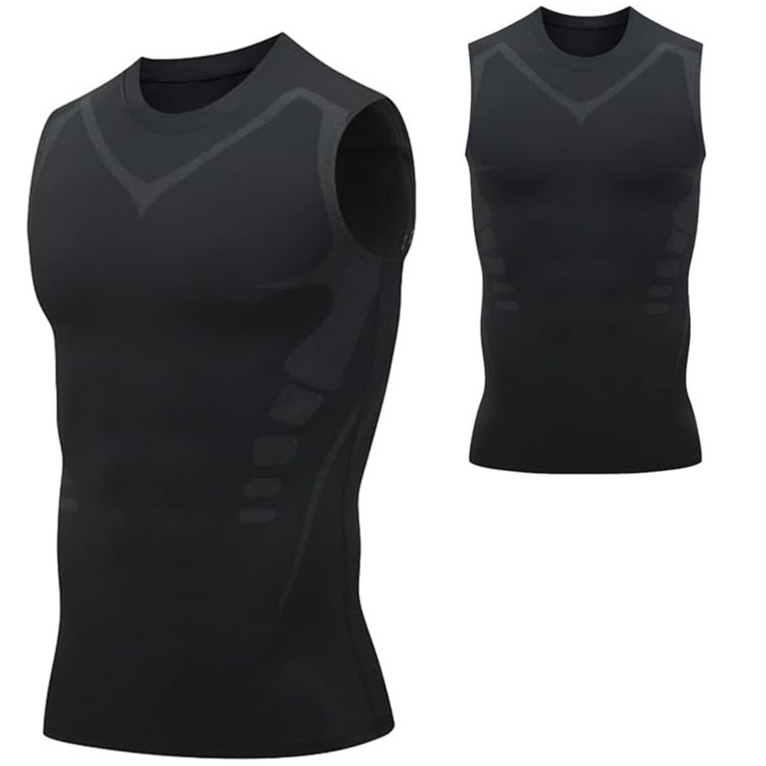 Men's posture correcting compression body shaper shirt. Slimming undershirt for improved stance & firming.