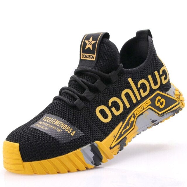 Comfortable men's anti-slip work shoes, PowerGuard steel-toe protective footwear for industrial safety.