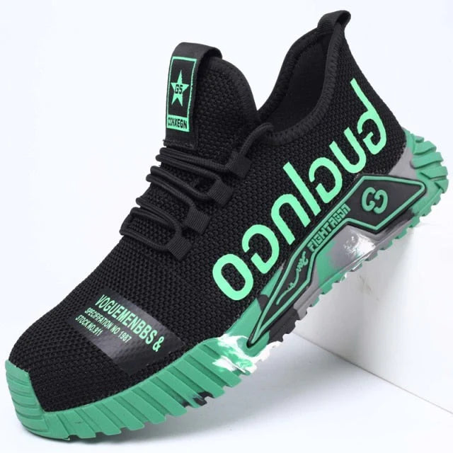 Close-up of men's PowerGuard anti-slip work shoes, showing sole traction & steel toe for ultimate safety.
