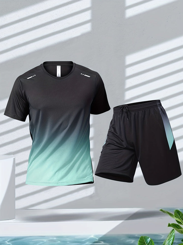 Gradient design men's athletic t-shirt and shorts set, perfect for summer workouts