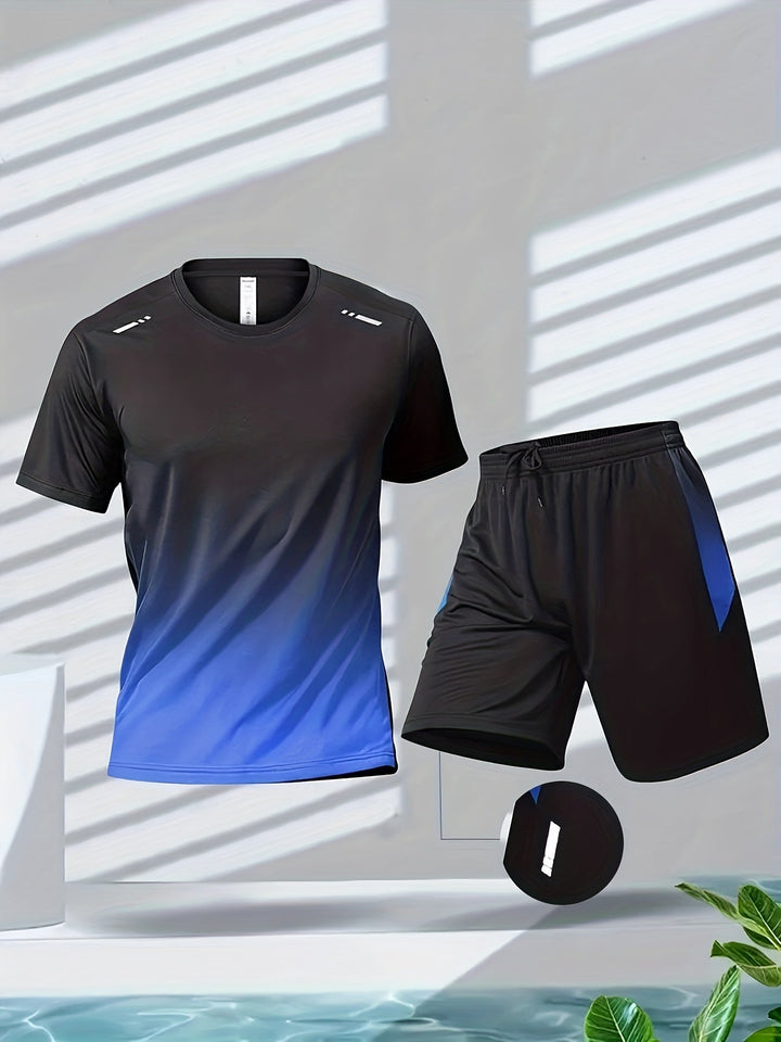 Quick-dry men's athletic wear set, including a gradient t-shirt and matching shorts