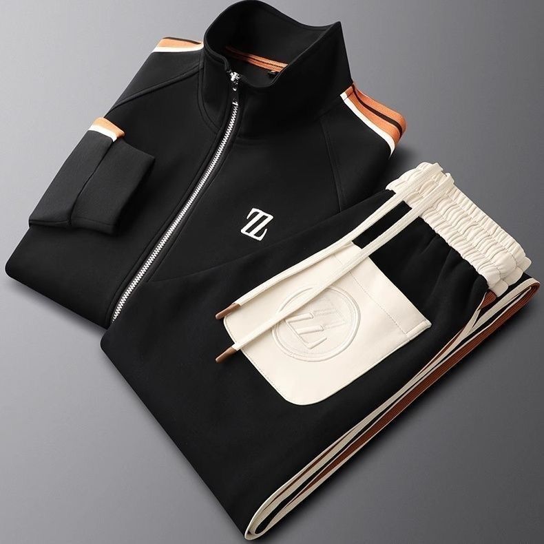 Comfortable men's activewear tracksuit set, includes a zip-up jacket and drawstring pants for athleisure style.