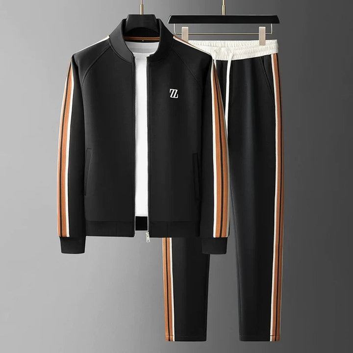 Modern men's two-piece athleisure set: zip-up track jacket & comfy drawstring pants for stylish casual wear.