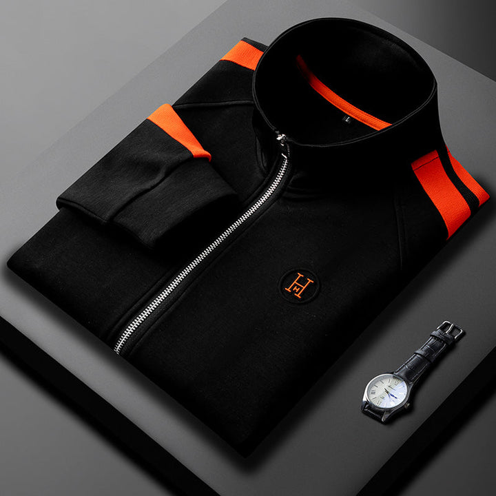 White men's premium athletic comfort outfit; track jacket, joggers for casual & active wear.
