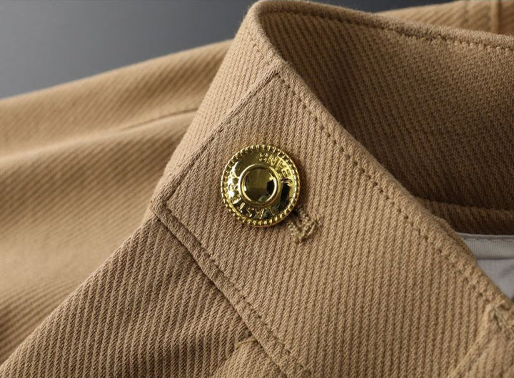 Close-up: Premium cotton fabric on men's everyday trousers, highlighting durable quality & comfort wear.