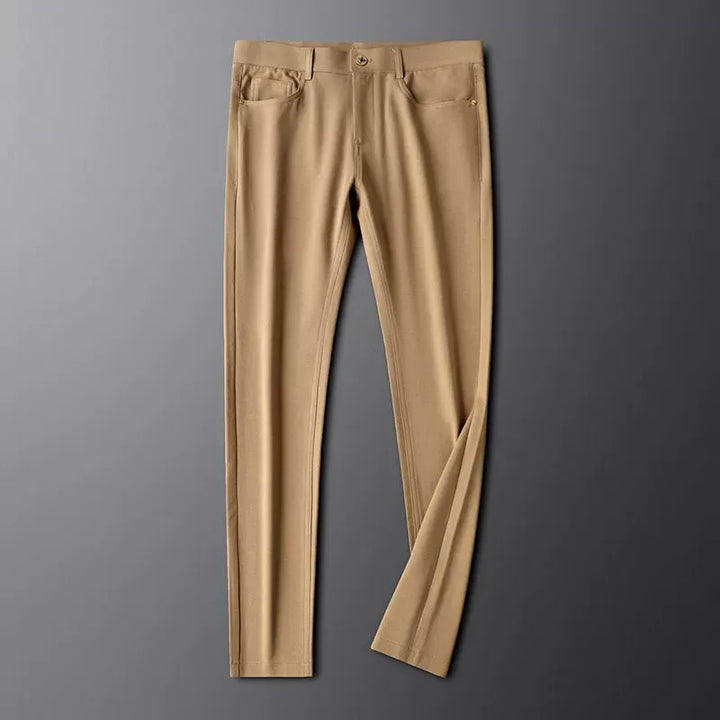 Crisp white men's premium cotton trousers, versatile everyday pants for classic style & comfort wear.