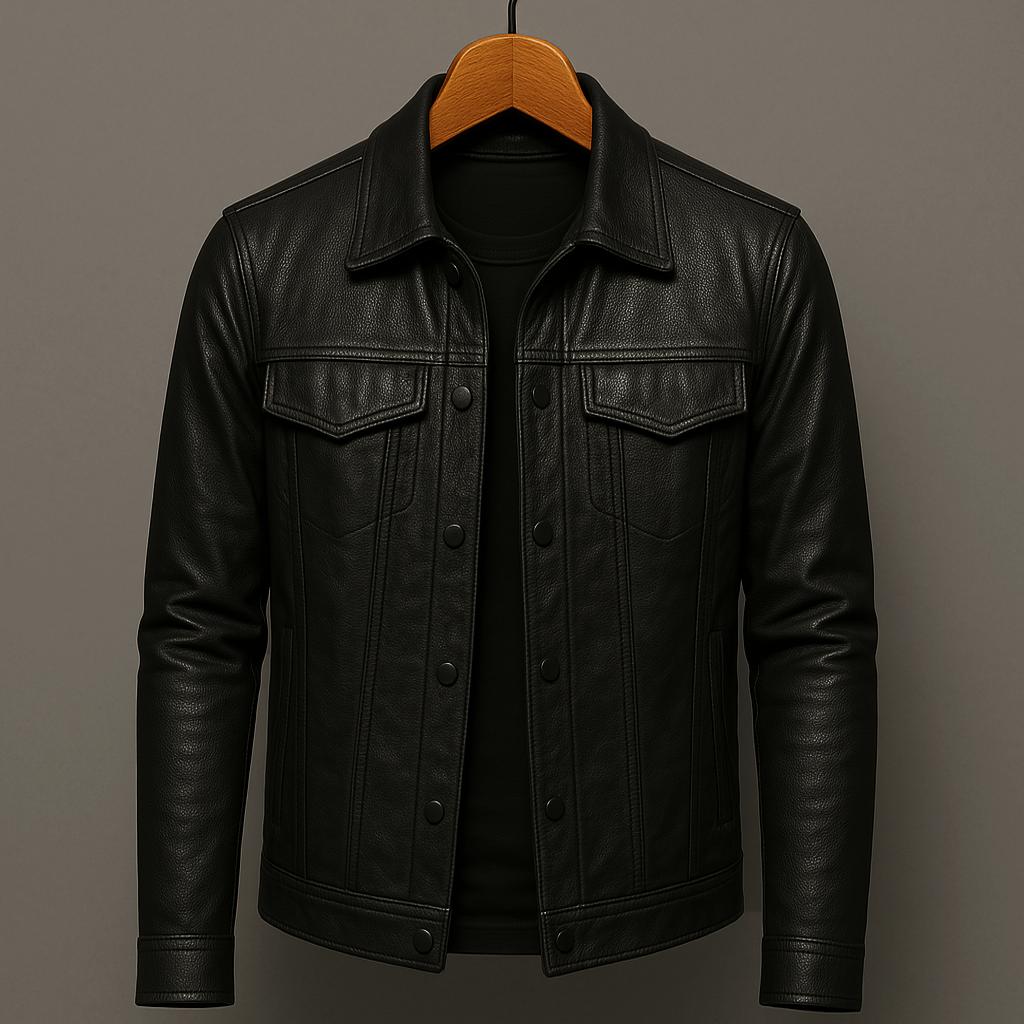 Men's premium black moto-style jacket, slim fit, with a timeless edge.