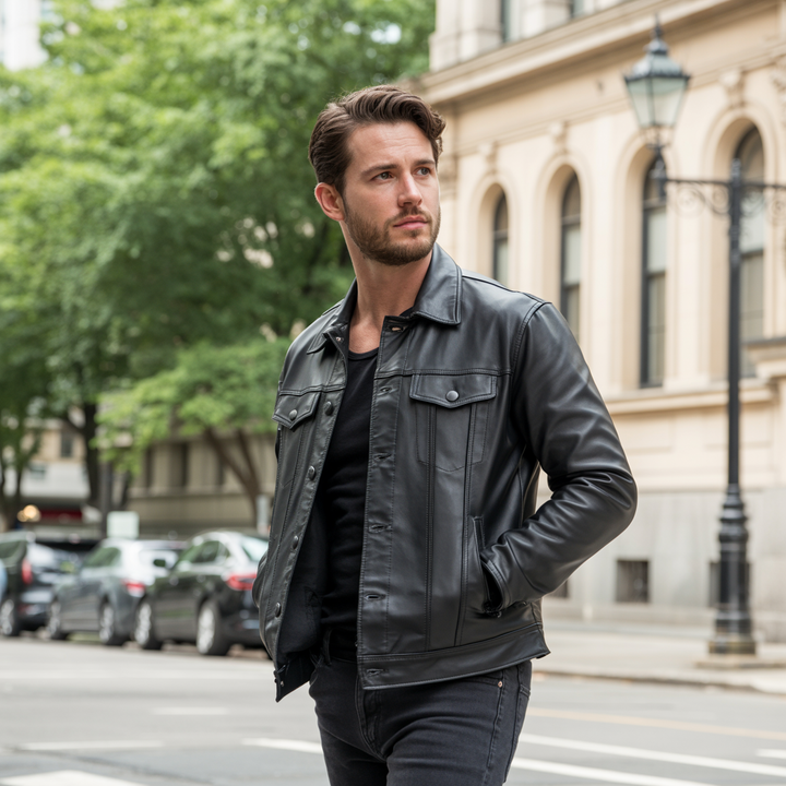 Durable men's black moto jacket, tailored for a stylish urban look and feel.