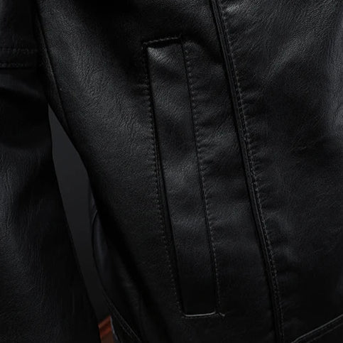 Timeless men's moto-style jacket, premium black outerwear, durable & versatile for fall.