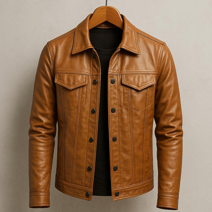 Premium men's black biker jacket, durable fall outerwear, essential for a rugged urban style.
