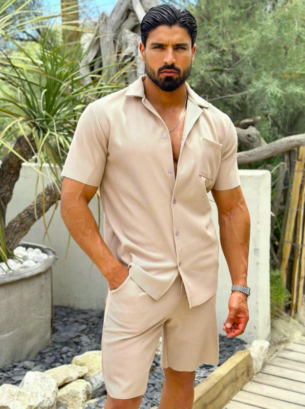 Men's premium breathable beige summer shirt and shorts casual set, perfect for vacation outfit