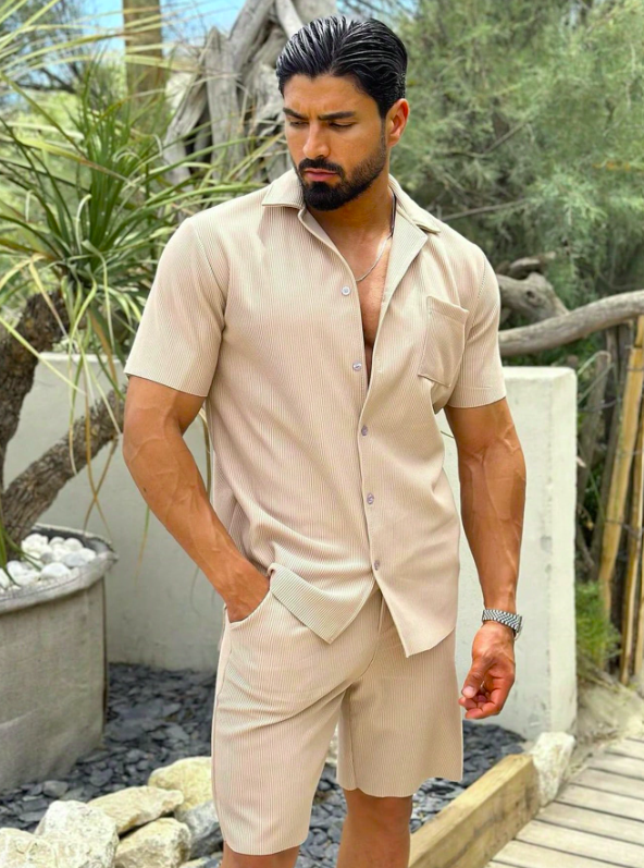 Trendy Matteo beige men's two-piece summer set in breathable fabric, ideal for casual wear