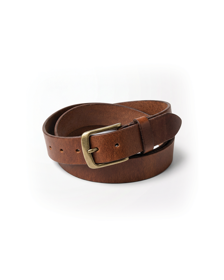 Men's premium brown cowhide leather belt with a sleek, polished silver buckle, showcasing timeless style.