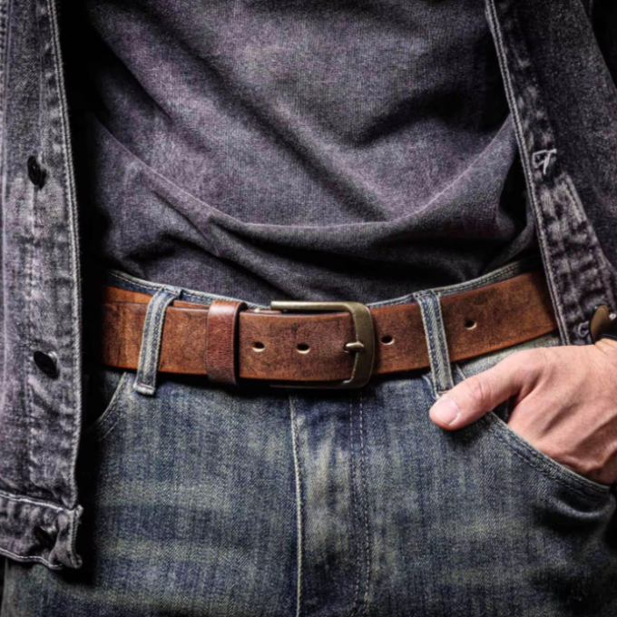 Timeless style of a men's durable cowhide leather belt with a shiny buckle, a must-have fashion accessory.