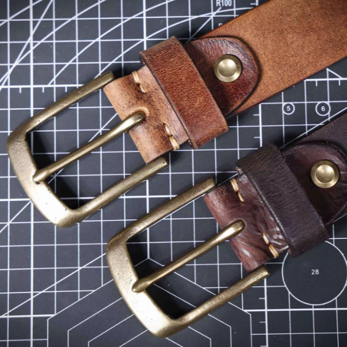 Back view of a men's durable brown cowhide leather belt, showing the quality of the leather and construction.