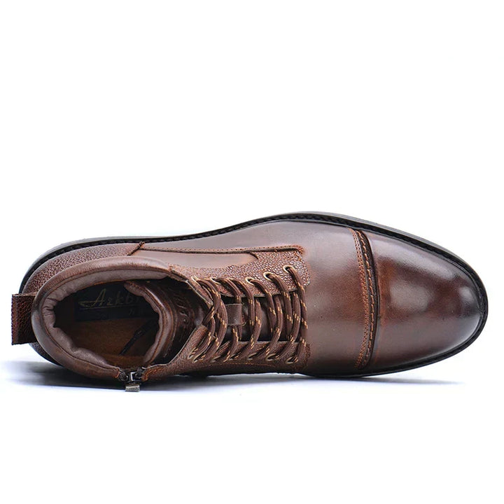 High-quality men's genuine leather ankle boots. Classic design lace-up dress boots and casual footwear.