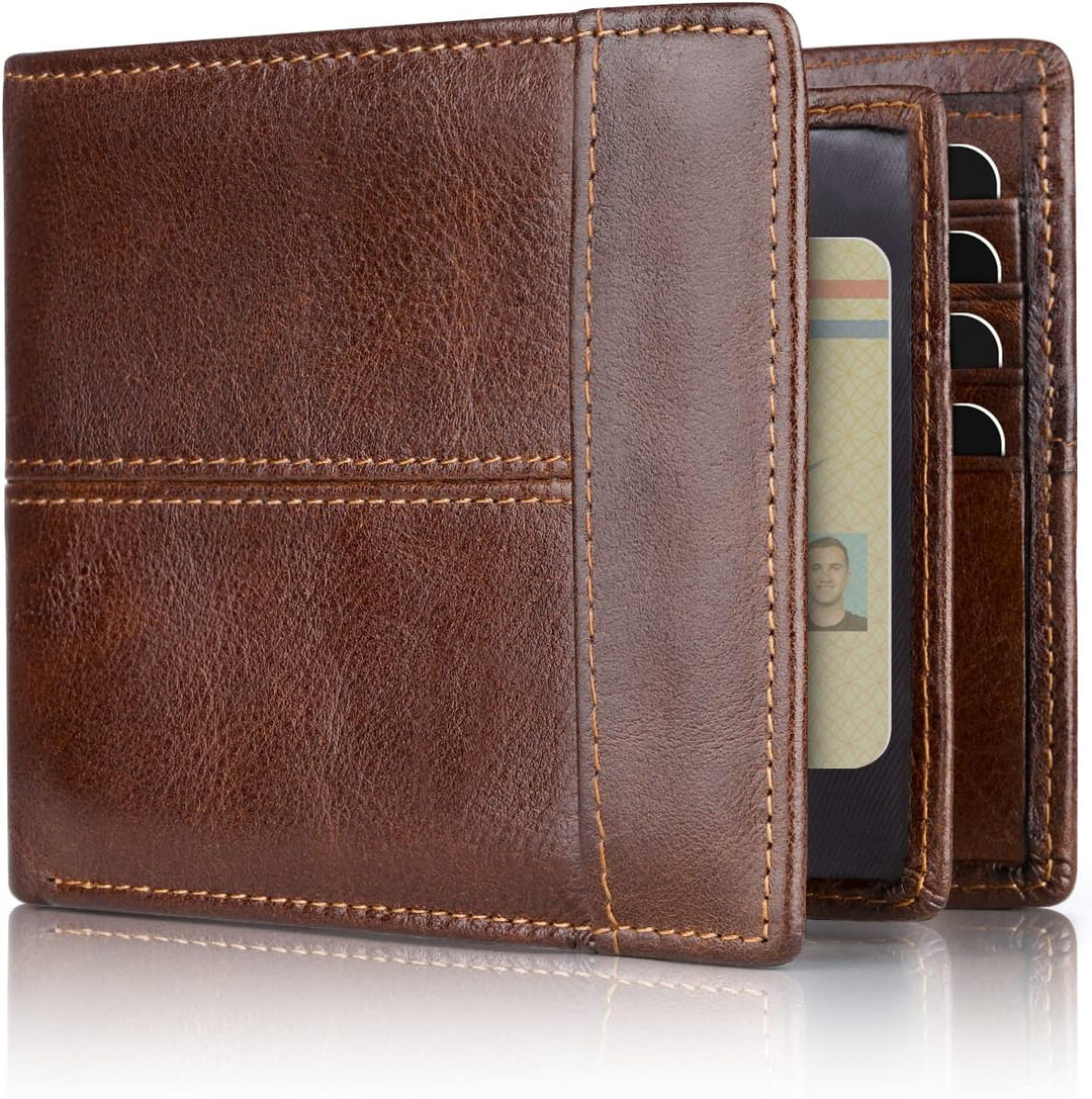 Men's premium brown leather bifold wallet with RFID blocking for card security.