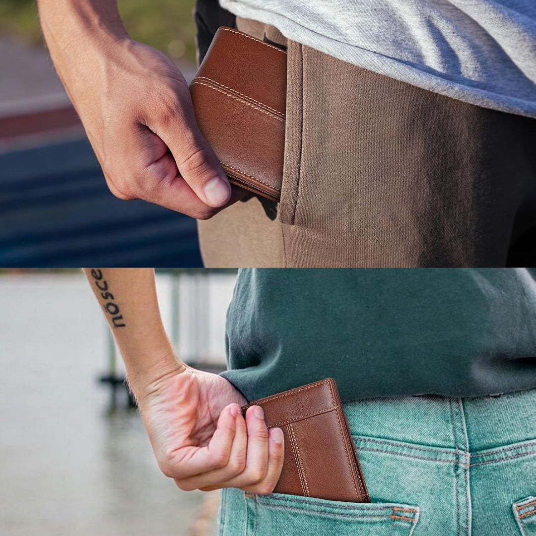 Collection of men's premium leather bifold wallets in various colors, all with RFID blocking.