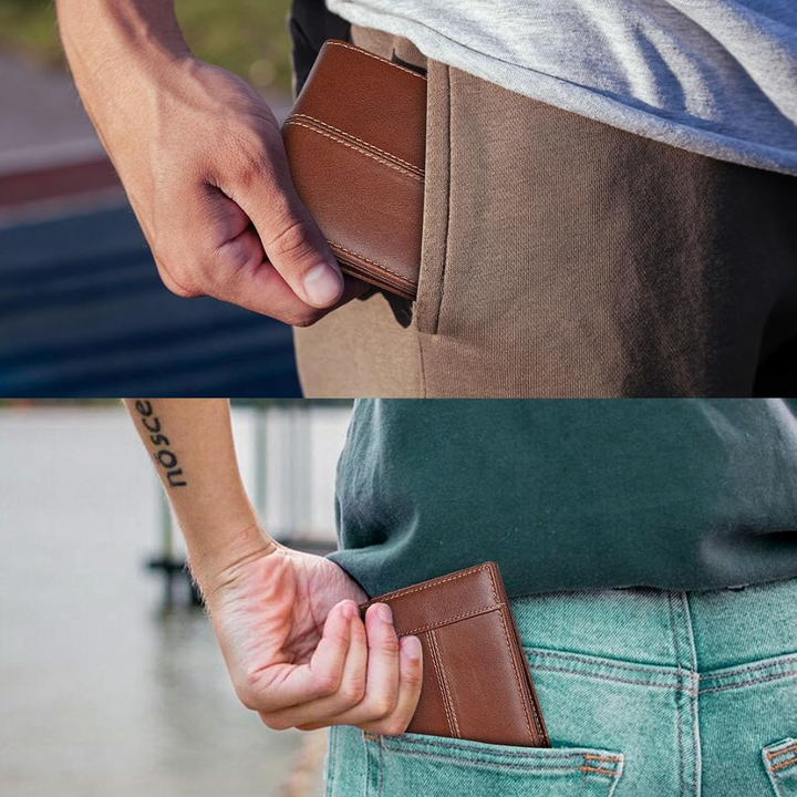 Collection of men's premium leather bifold wallets in various colors, all with RFID blocking.